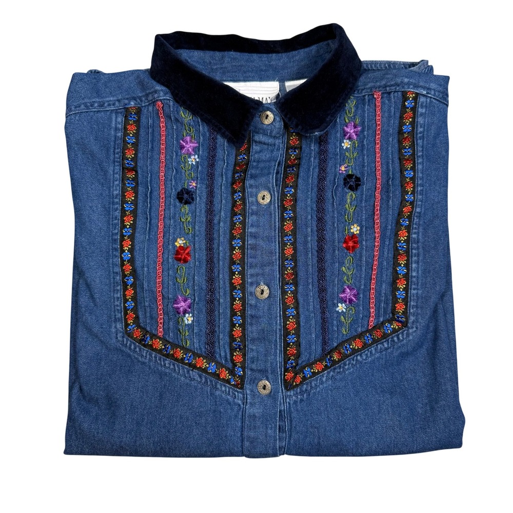 90s Vintage Blue Denim Embroidered Velvet Collar Shirt Western Folk Cottagecore‎